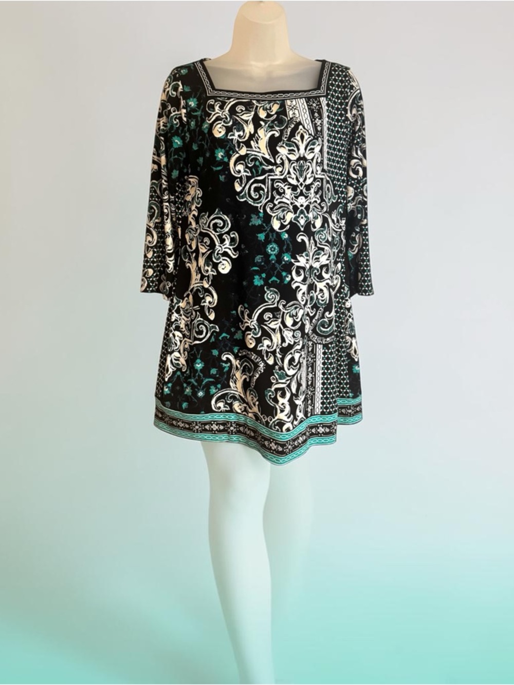 White House Black Market Black & Teal Baroque Print Mini Dress MEDIUM    #CL - Picture 3 of 8